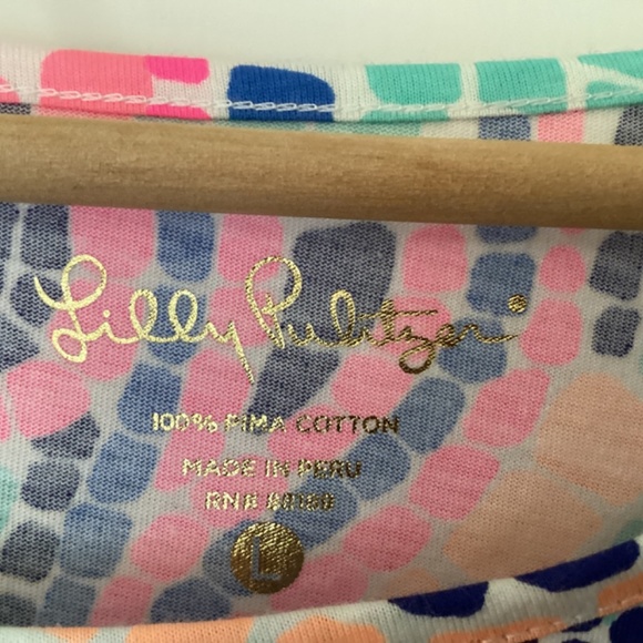 Lilly Pulitzer Edna Swing Dress Tile Wave Reduced Multi Asymmetrical Hem 3/4 Slv - Picture 2 of 13